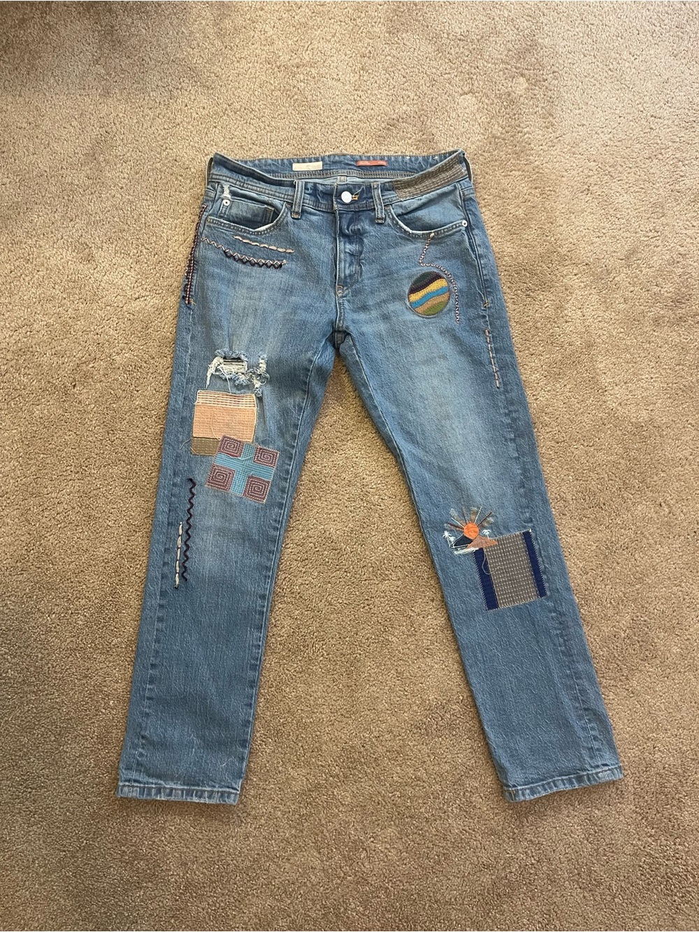 Pilcro Patchwork Straight-Leg Jeans in Blue with Multicolor Embroidery
